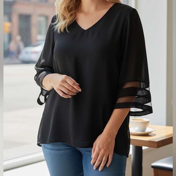 NEW•1X•Creme De La Creme Classy Flounce Sheer Sleeve Top - Picture 4 of 13